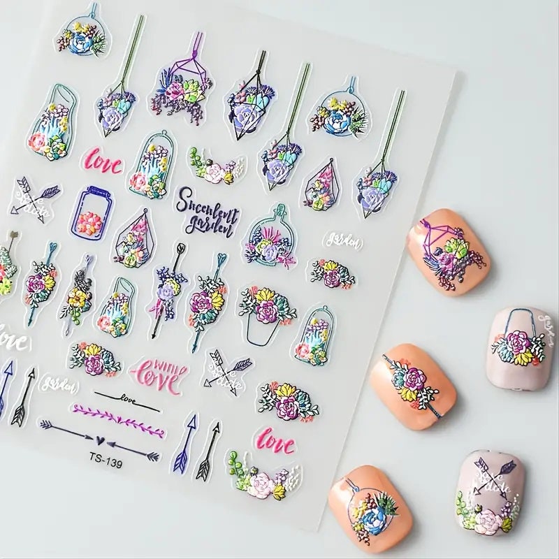 Flower Basket And Arrows 5D Nail Stickers Decoration Adhesive Nail Accessories