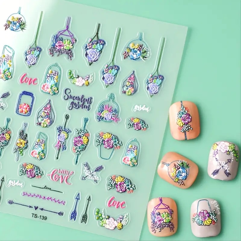Flower Basket And Arrows 5D Nail Stickers Decoration Adhesive Nail Accessories