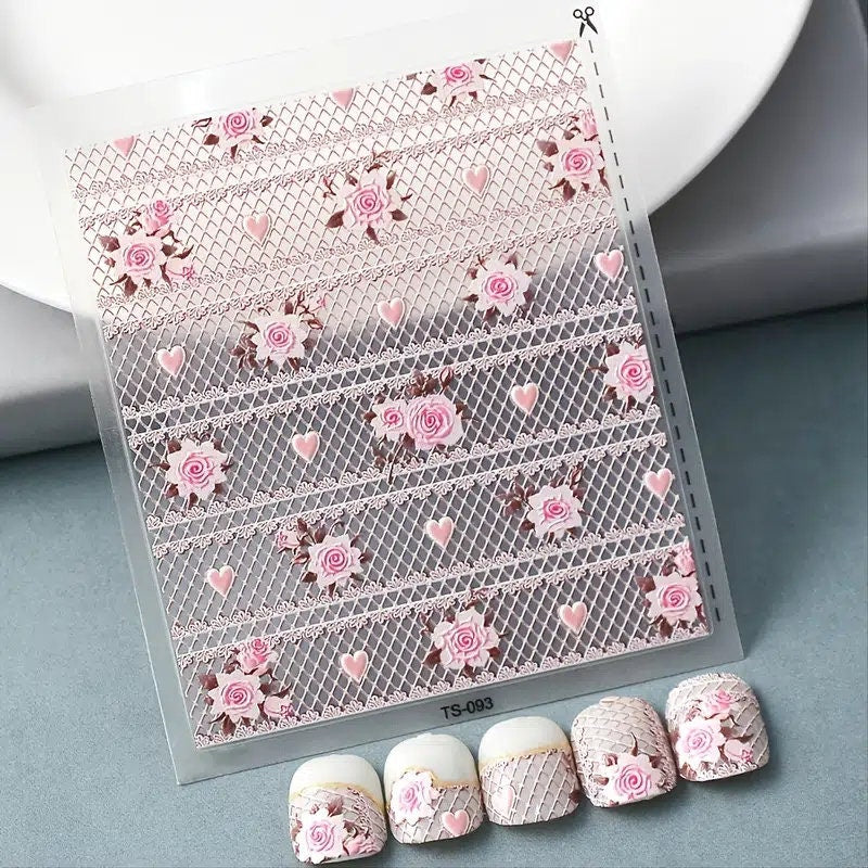 Hollow Pink Lace 5D Nail Stickers Decor Nail Art DIY Accessories
