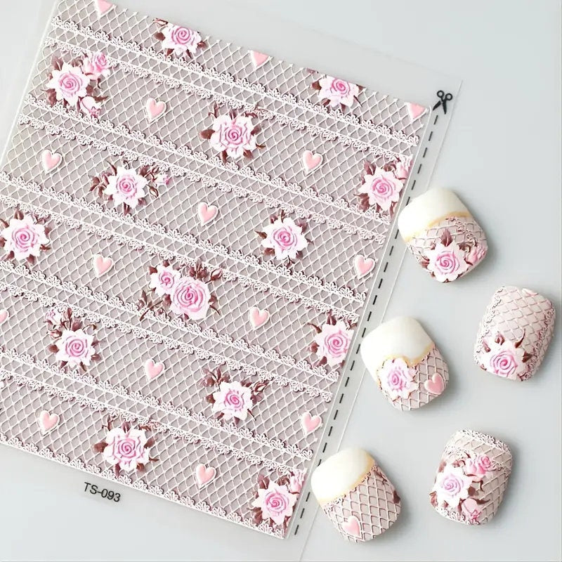 Hollow Pink Lace 5D Nail Stickers Decor Nail Art DIY Accessories