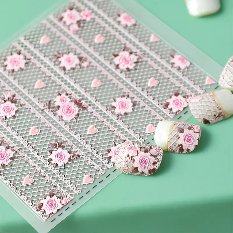Hollow Pink Lace 5D Nail Stickers Decor Nail Art DIY Accessories