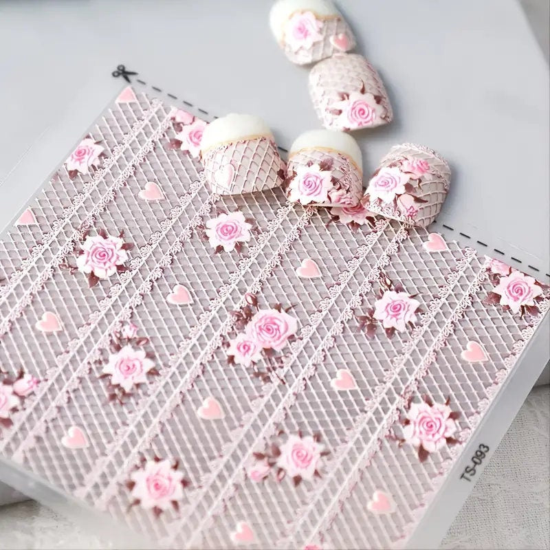Hollow Pink Lace 5D Nail Stickers Decor Nail Art DIY Accessories