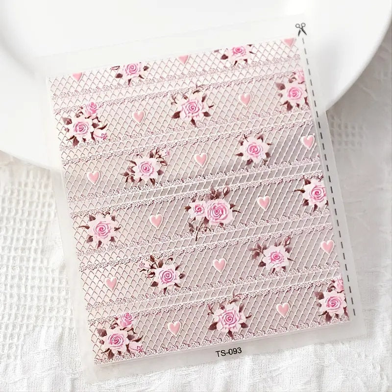 Hollow Pink Lace 5D Nail Stickers Decor Nail Art DIY Accessories