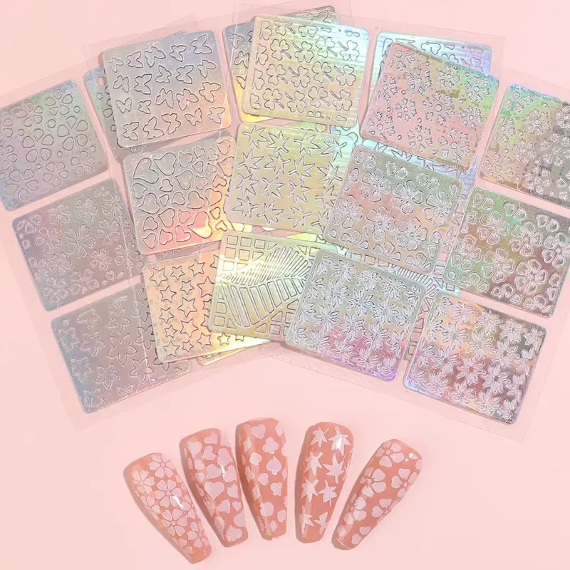 24 Sheets Nail Hollow Irregular Grid Stencil | Reusable Manicure Stickers Stamping Template | Nail Art Tools | Colorful Stylish And Popular