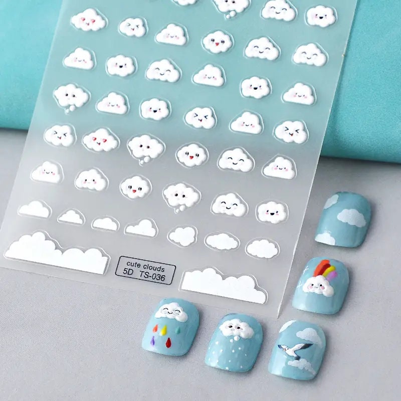 Cuet Cartoon Cloud Sticker 5D Cloud Expression Happy Face Nail Sticker | Art Decoration Nails Manicure Decor