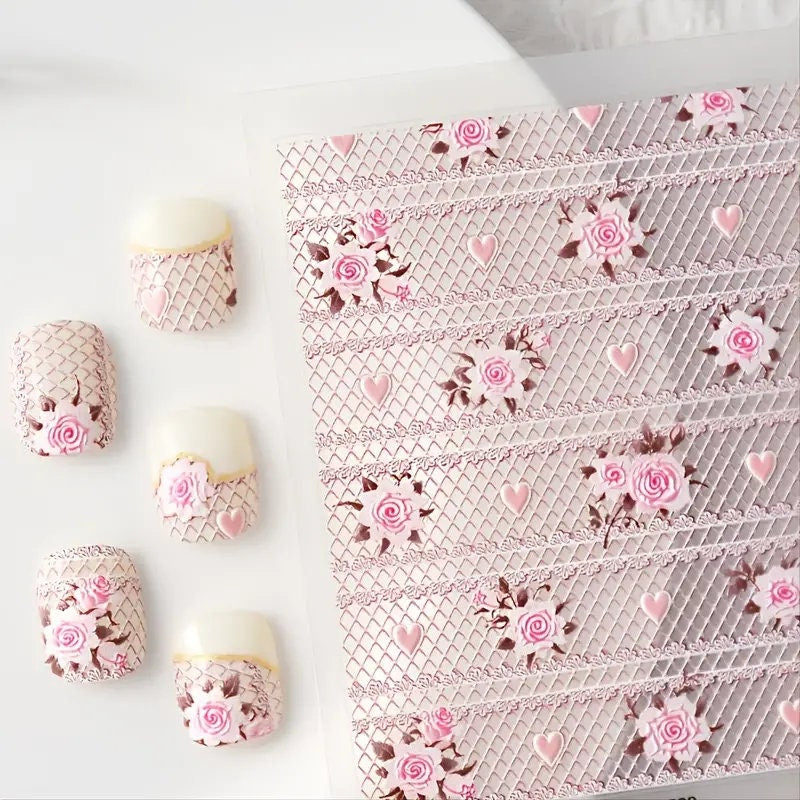 Hollow Pink Lace 5D Nail Stickers Decor Nail Art DIY Accessories
