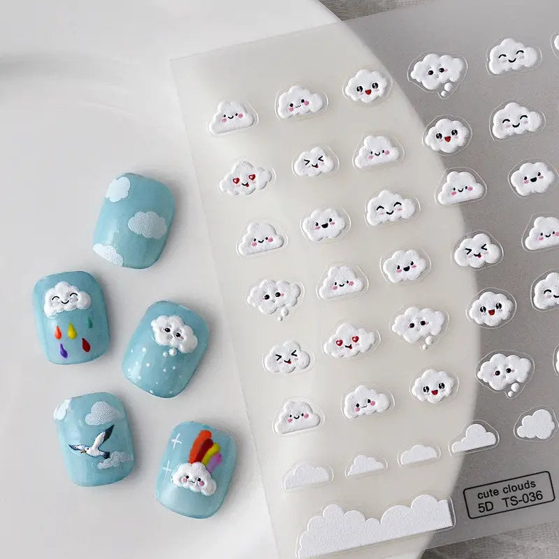 Cuet Cartoon Cloud Sticker 5D Cloud Expression Happy Face Nail Sticker | Art Decoration Nails Manicure Decor