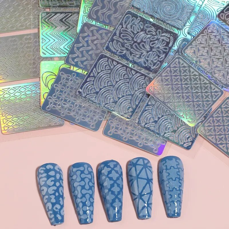24 Sheets Nail Hollow Irregular Grid Stencil | Reusable Manicure Stickers Stamping Template | Nail Art Tools | Colorful Stylish And Popular