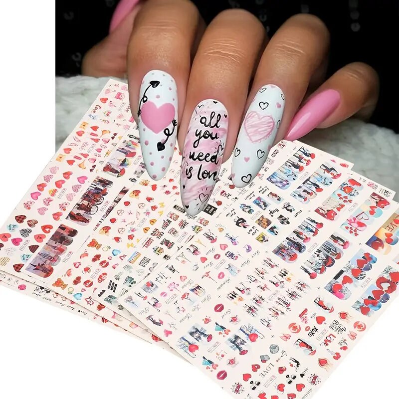 Valentines Day Nail Art Stickers | 3D Valentine's Day Nail Decals Love Heart Lips Romantic Couples Nail Stickers For Women Girls Kids, Nail