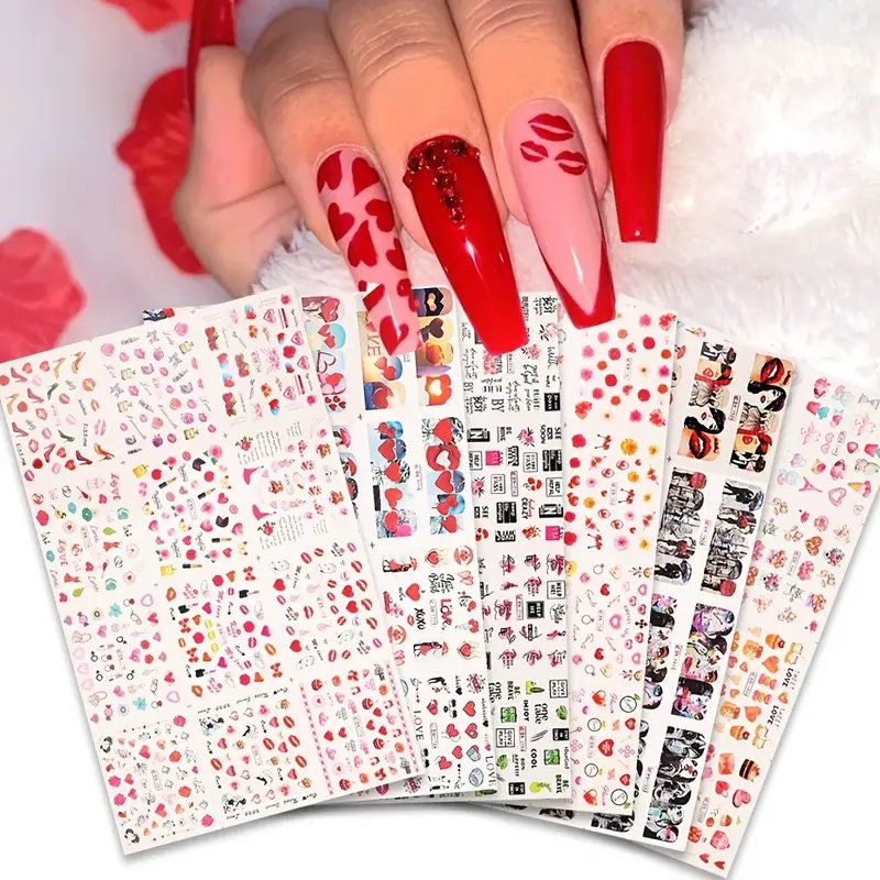 Valentines Day Nail Art Stickers | 3D Valentine's Day Nail Decals Love Heart Lips Romantic Couples Nail Stickers For Women Girls Kids, Nail