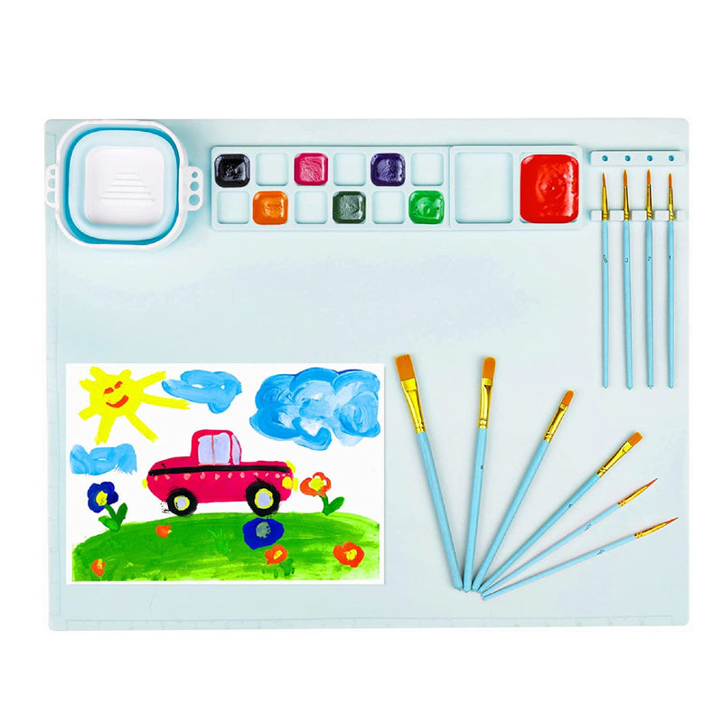 Silicone Craft Mat With Holder For Cups And Paints | 20" x 16" Silicone Mat with 10 Panting Brushes