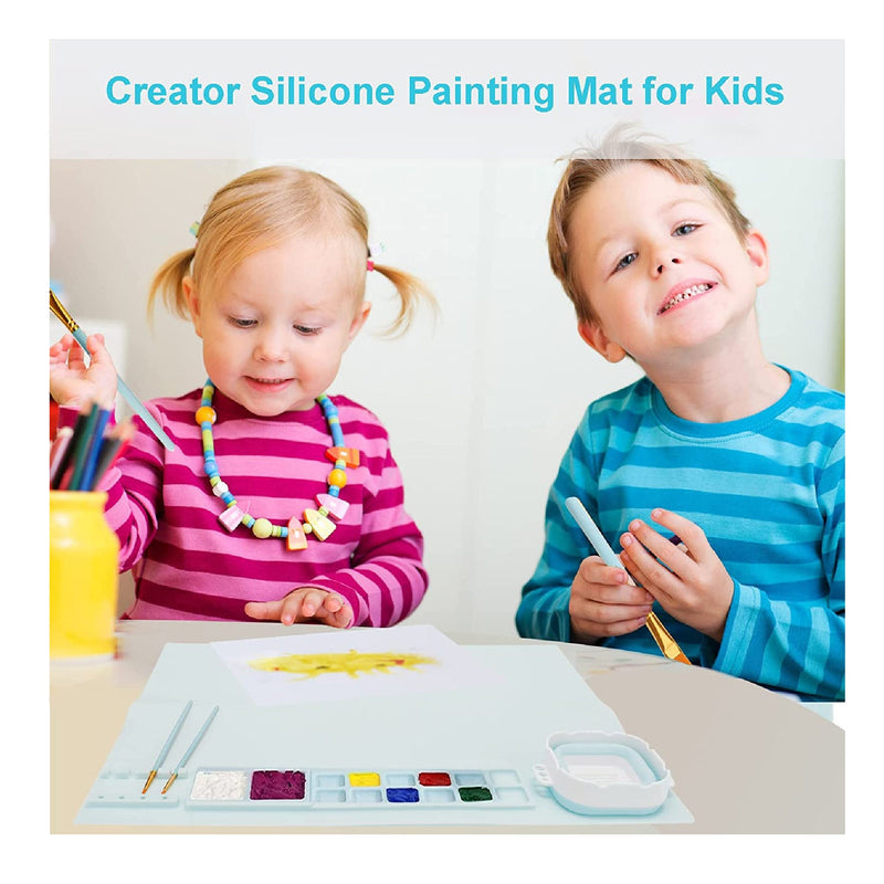 Silicone Craft Mat With Holder For Cups And Paints | 20" x 16" Silicone Mat with 10 Panting Brushes