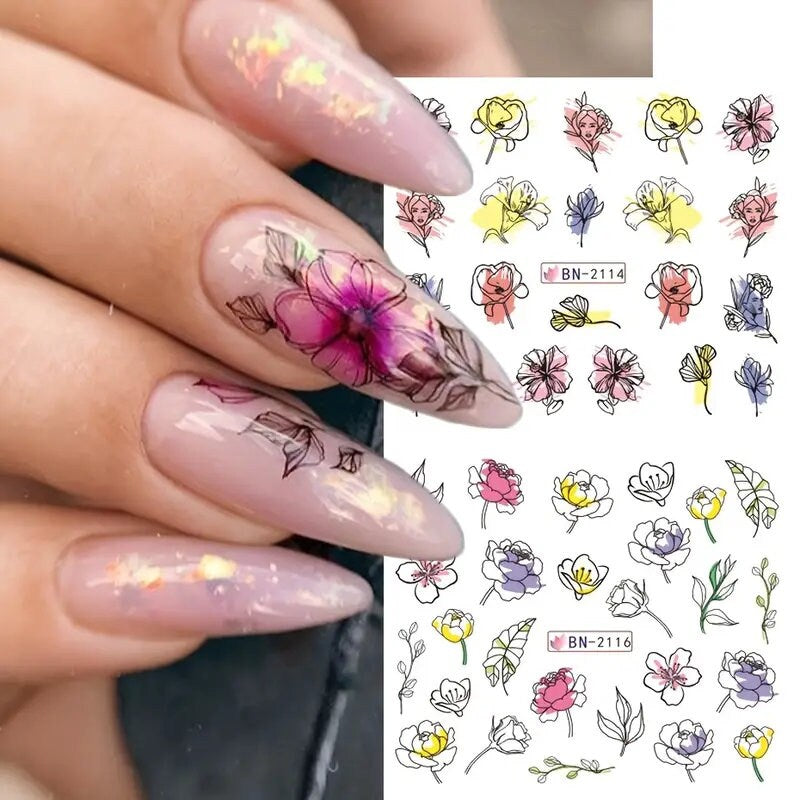 12 Pcs Geometry Flower Leaf Nail Stickers Line Graffiti Painted Colorful Slider Blooming Water Decals Manicure