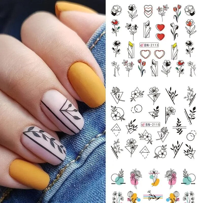 12 Pcs Geometry Flower Leaf Nail Stickers Line Graffiti Painted Colorful Slider Blooming Water Decals Manicure