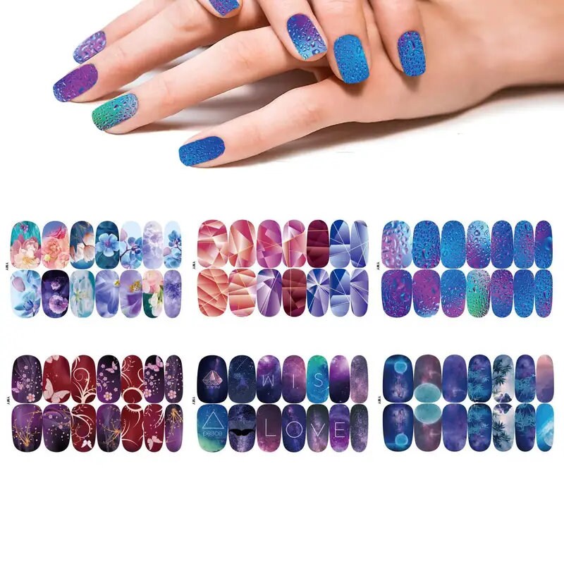 6 Sheets Vivid Color Full Wrap Nail Polish Stickers Self Adhesive Nail Decal Strips With Nail Glue For Women Girls DIY Nail Craft