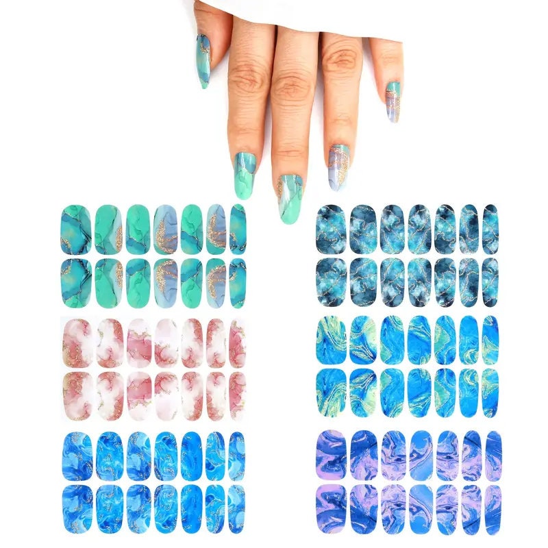 6 Sheets Full Wrap Nail Polish Stickers Self Adhesive Gradient Marble Color Nail Decal Strips For Women Girls DIY Nail Craft