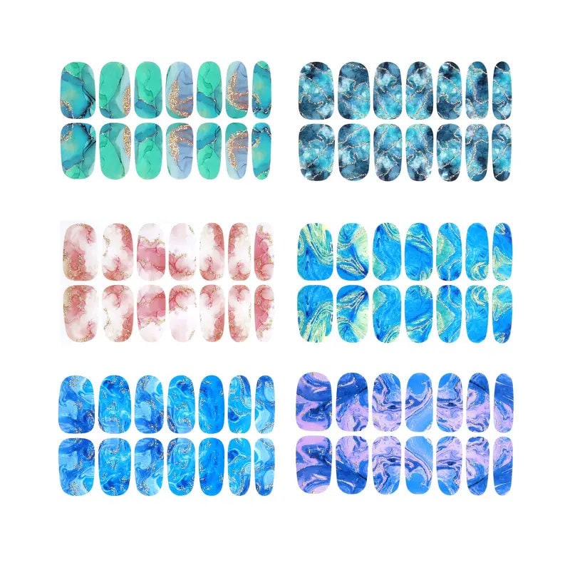 6 Sheets Full Wrap Nail Polish Stickers Self Adhesive Gradient Marble Color Nail Decal Strips For Women Girls DIY Nail Craft