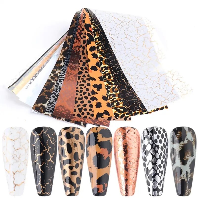 10 Sheets Leopard Nail Foils For Nail Art Designer Nail Art Decoration Glue Transfer Nail Foils Leopard Snake Laser Gold Manicure Tips