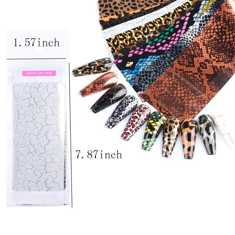 10 Sheets Leopard Nail Foils For Nail Art Designer Nail Art Decoration Glue Transfer Nail Foils Leopard Snake Laser Gold Manicure Tips