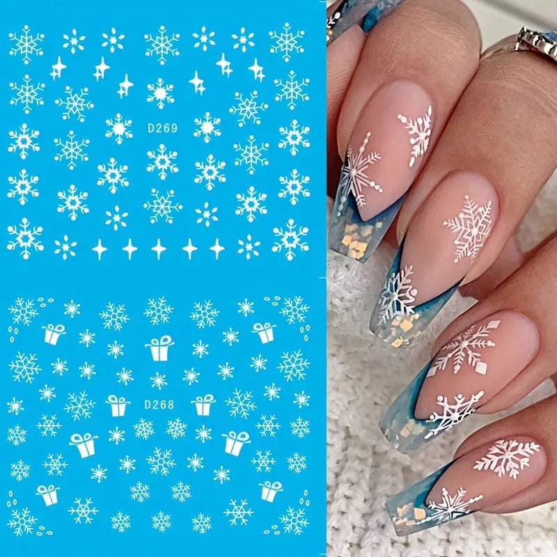 White Star Snowflake Gift Box Nail Sticker | Snowflake Nail Slider For Nail DIY Art