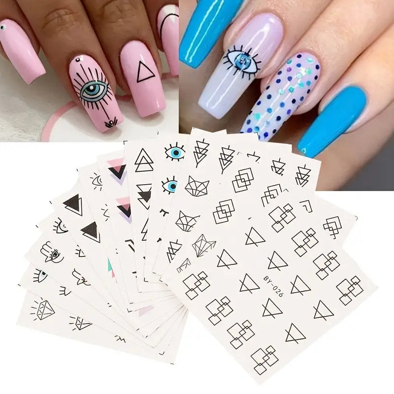 12 Pcs Devil's Eye Water Sliders For Manicure Geometric Animals French Design Nail Art Stickers Water Decals Set Eyes Geometry Polish Nail