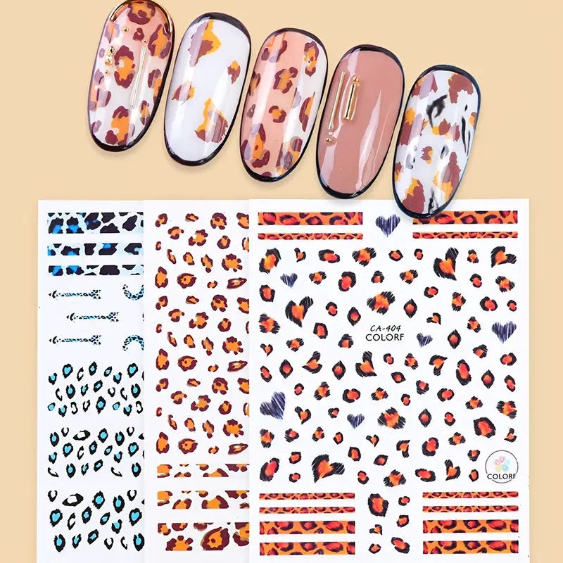 3 Pcs Nail Art Stickers Leopard Heart Nail Art Design Manicure Slider Decals Decorative Nail Accessories