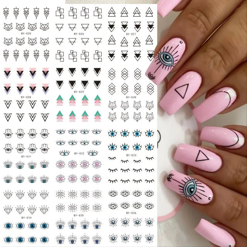 12 Pcs Devil's Eye Water Sliders For Manicure Geometric Animals French Design Nail Art Stickers Water Decals Set Eyes Geometry Polish Nail