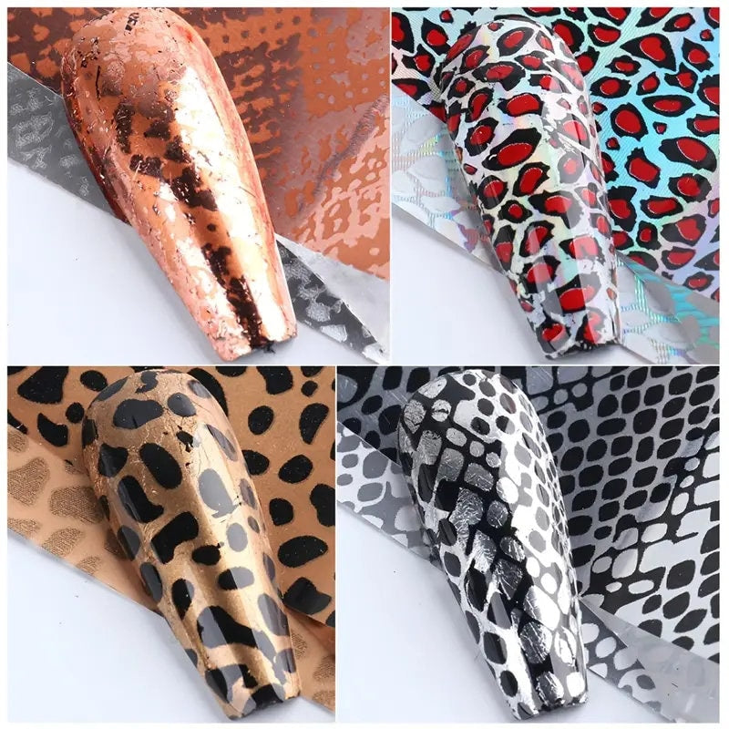 10 Sheets Leopard Nail Foils For Nail Art Designer Nail Art Decoration Glue Transfer Nail Foils Leopard Snake Laser Gold Manicure Tips