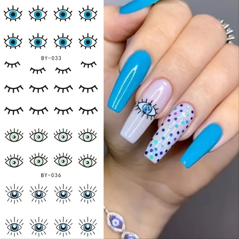 12 Pcs Devil's Eye Water Sliders For Manicure Geometric Animals French Design Nail Art Stickers Water Decals Set Eyes Geometry Polish Nail