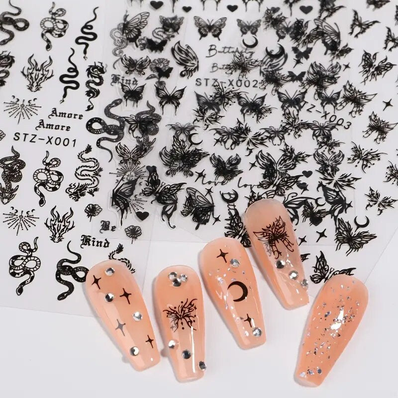 3 Pcs Nail Art Sticker 3D Self-Adhesive Nail Decals Butterfly Snake Dark Style Nail Design For Nail Salon DIY