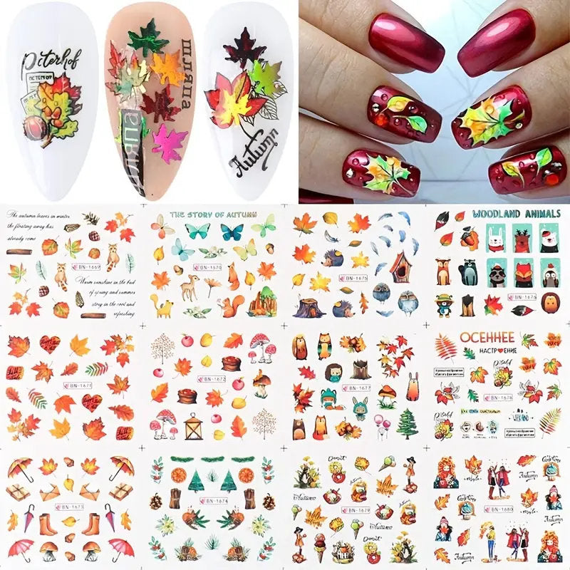 Fall Nail Art Stickers | Nail Supplies Maple Leaves Nail Art Water Decals Transfer Foil Maple Leaf Pumpkin Turkey Stickers