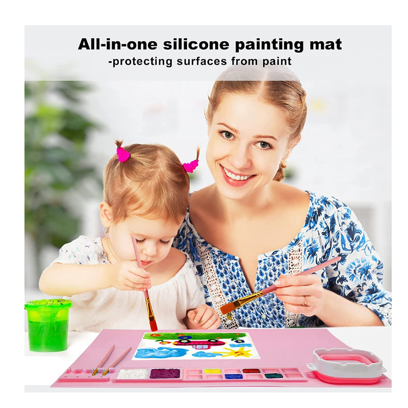  Silicone Painting Mat for Kids, Silicone Paint Palette,  Washable Art Mat with Water Cup and Paint Holder and Brush Holder, 12 Color  Dividers, Easy to Clean 20x16 Inch