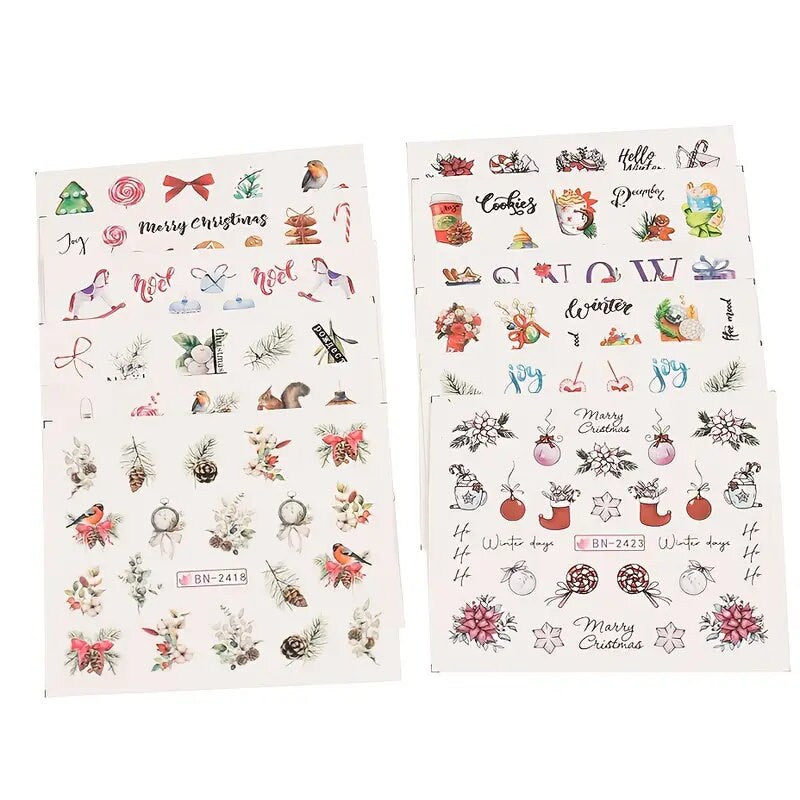 12 Pcs Christmas Style Water Decals Stickers For Nail Art Set Cute Santa Cartoon Christmas Tree Flowers Leaves Patterns Slider