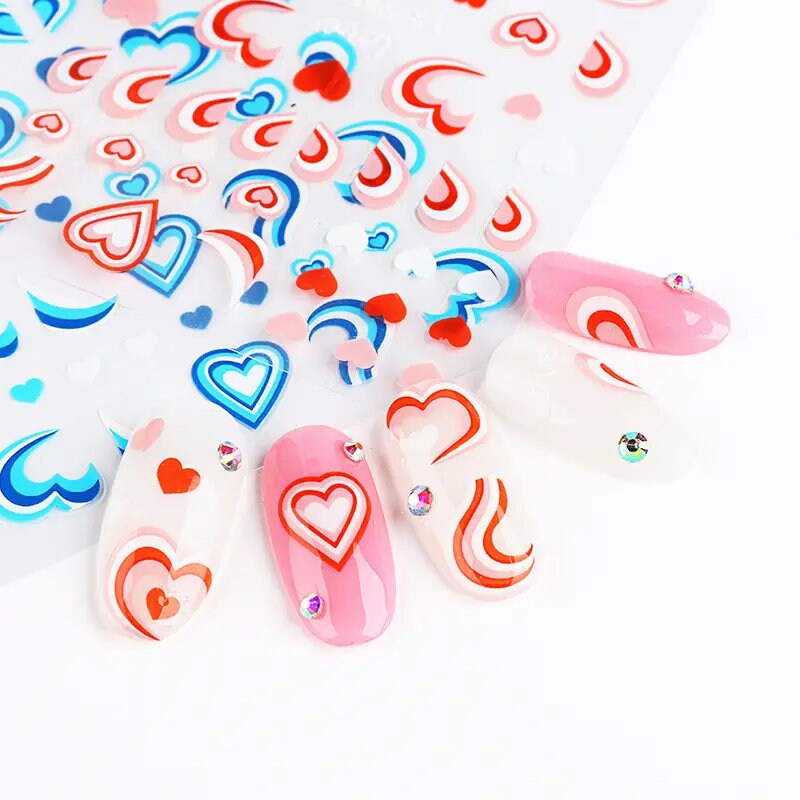 3D Heart Nail Stickers Neon Strips Tape Geometric Line Sliders Nail Decoration Trend 2022 Wave Swirls Decal For Manicure