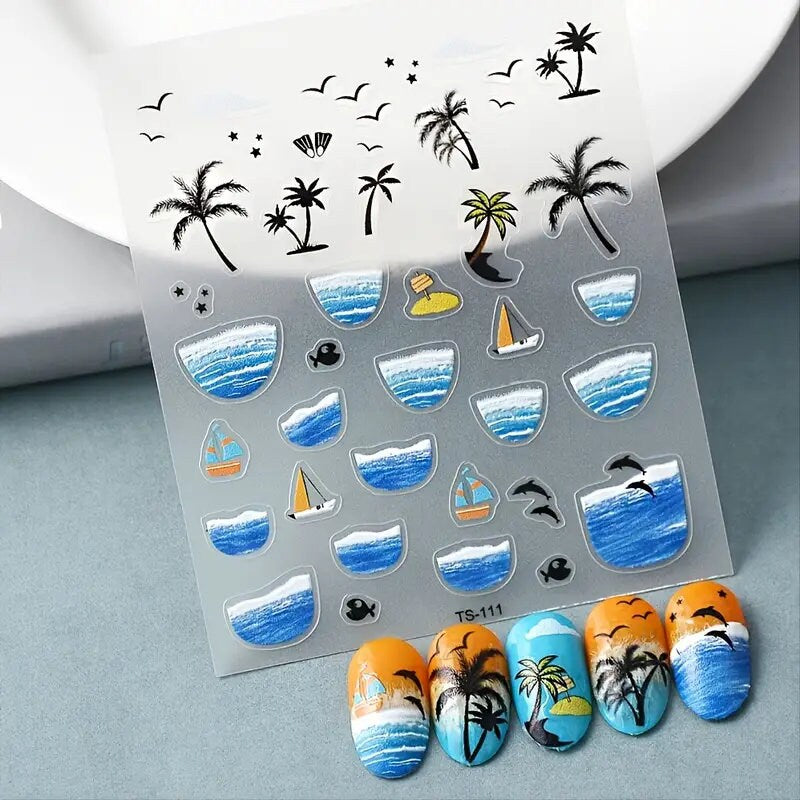 Cool Summer Sea Beach 5D Nail Stickers Adhesive Tattoo Nails Accesories