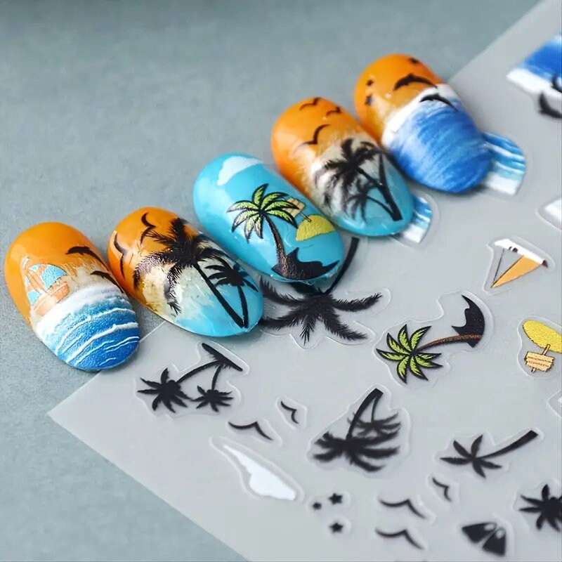 Cool Summer Sea Beach 5D Nail Stickers Adhesive Tattoo Nails Accesories