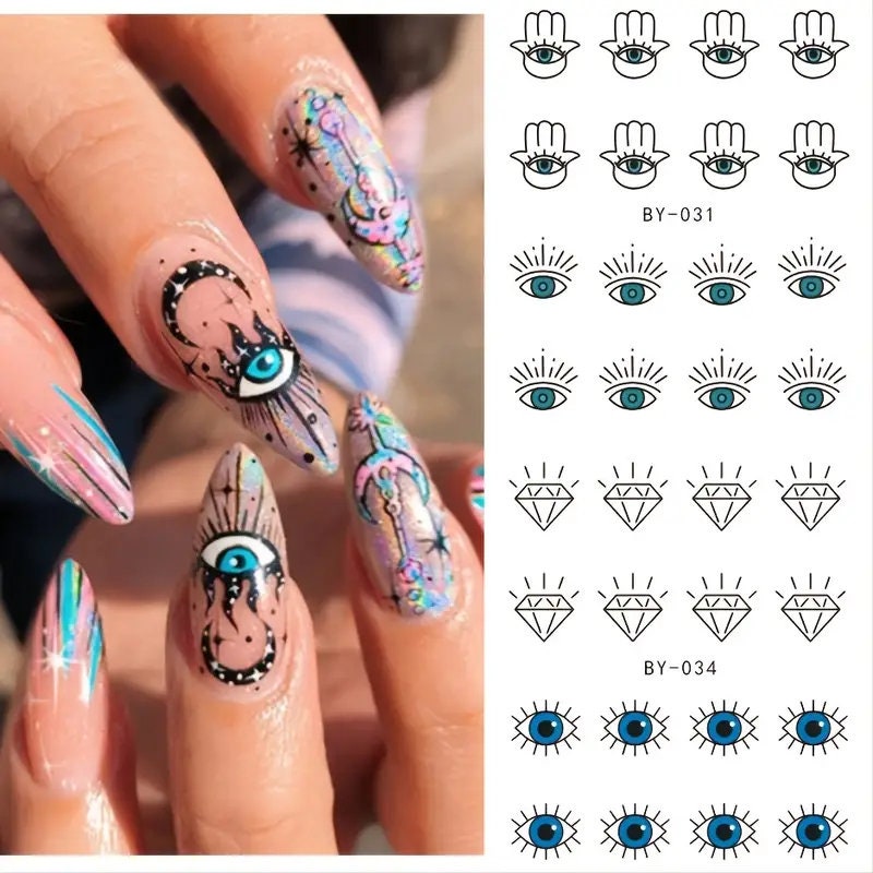 12 Pcs Devil's Eye Water Sliders For Manicure Geometric Animals French Design Nail Art Stickers Water Decals Set Eyes Geometry Polish Nail