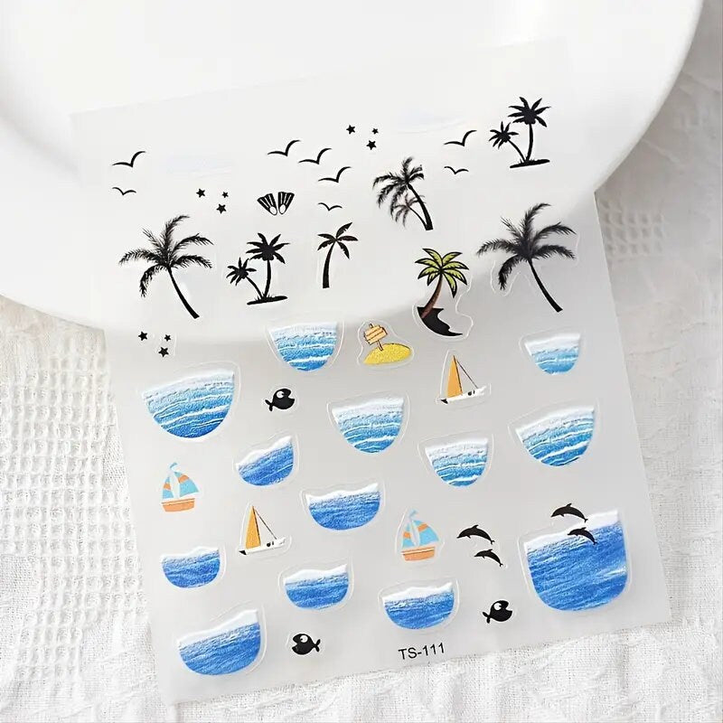 Cool Summer Sea Beach 5D Nail Stickers Adhesive Tattoo Nails Accesories