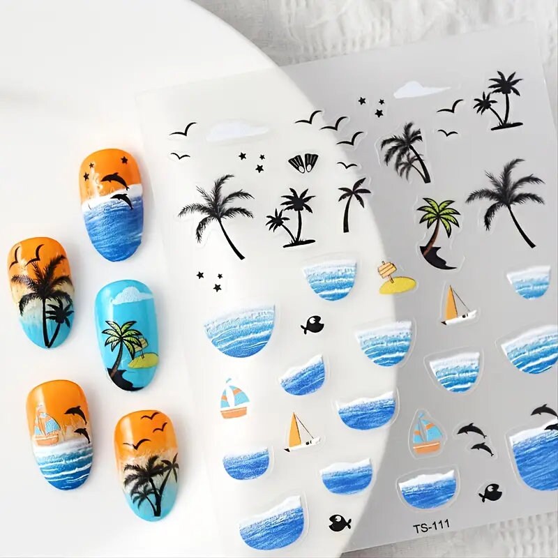 Cool Summer Sea Beach 5D Nail Stickers Adhesive Tattoo Nails Accesories