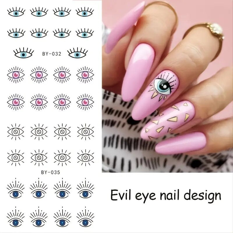 12 Pcs Devil's Eye Water Sliders For Manicure Geometric Animals French Design Nail Art Stickers Water Decals Set Eyes Geometry Polish Nail