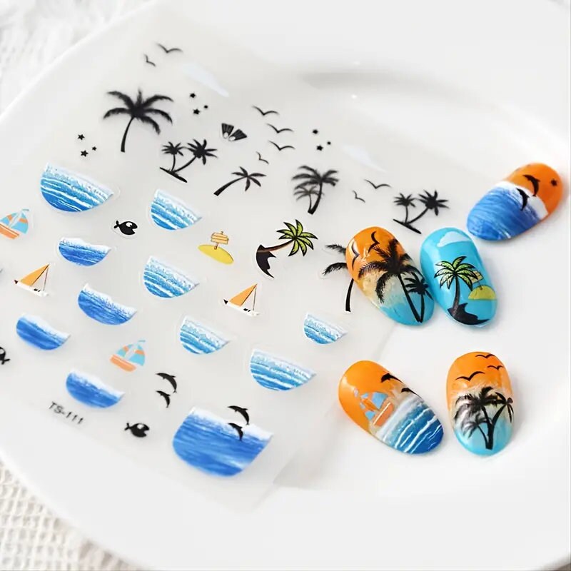Cool Summer Sea Beach 5D Nail Stickers Adhesive Tattoo Nails Accesories