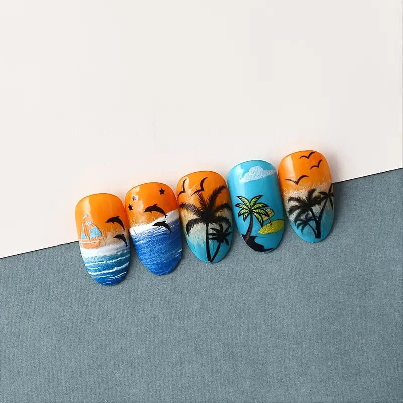 Cool Summer Sea Beach 5D Nail Stickers Adhesive Tattoo Nails Accesories