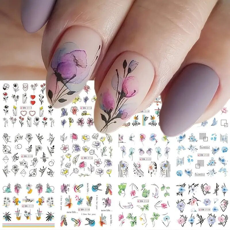 12 Pcs Geometry Flower Leaf Nail Stickers Line Graffiti Painted Colorful Slider Blooming Water Decals Manicure