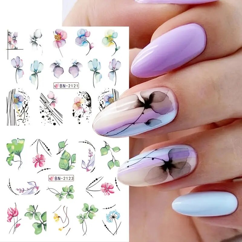 12 Pcs Geometry Flower Leaf Nail Stickers Line Graffiti Painted Colorful Slider Blooming Water Decals Manicure