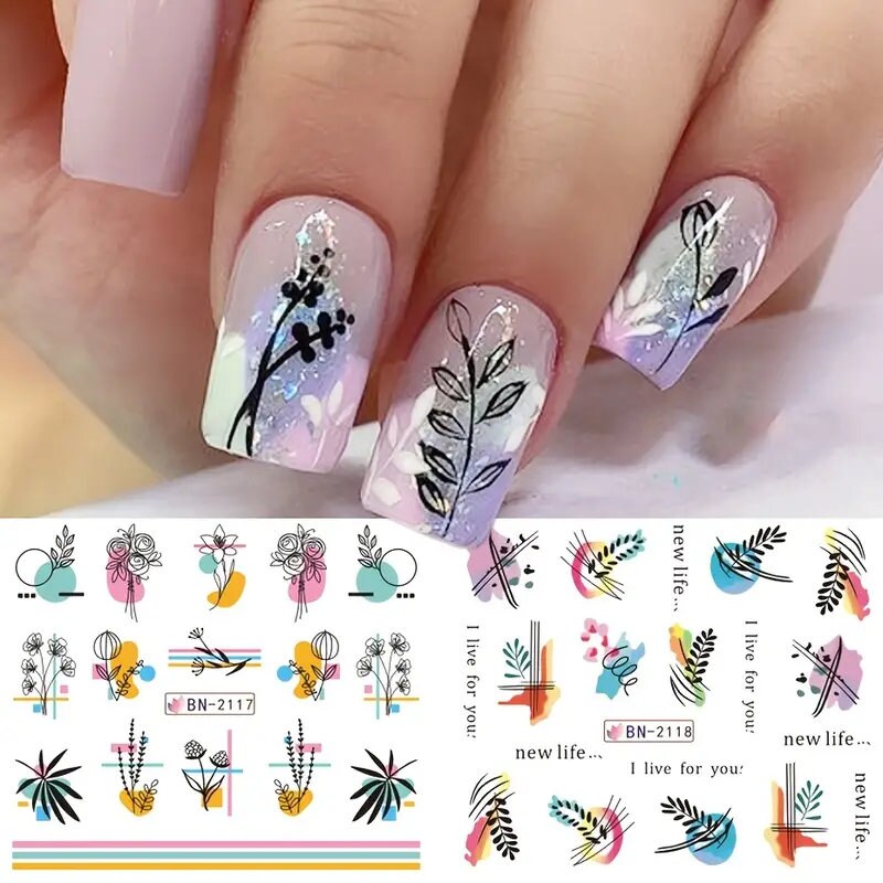 12 Pcs Geometry Flower Leaf Nail Stickers Line Graffiti Painted Colorful Slider Blooming Water Decals Manicure