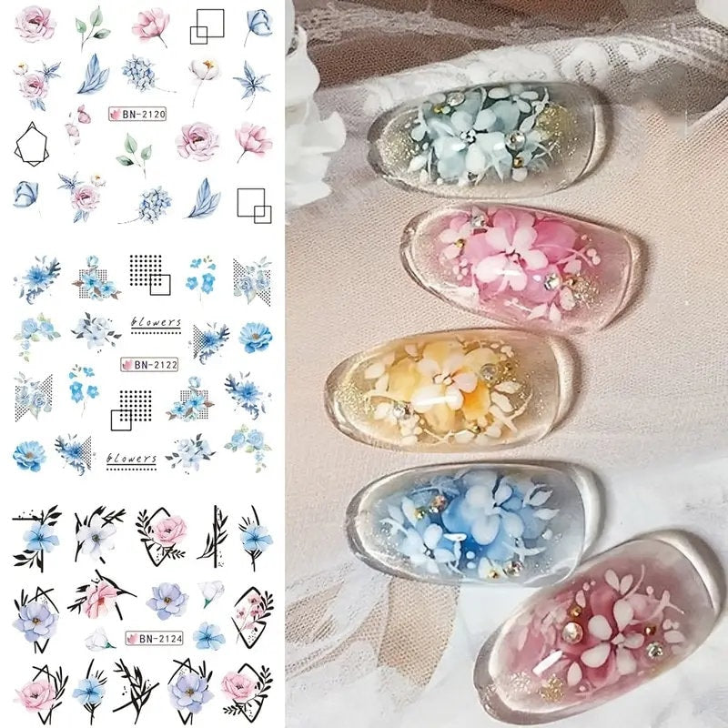 12 Pcs Geometry Flower Leaf Nail Stickers Line Graffiti Painted Colorful Slider Blooming Water Decals Manicure