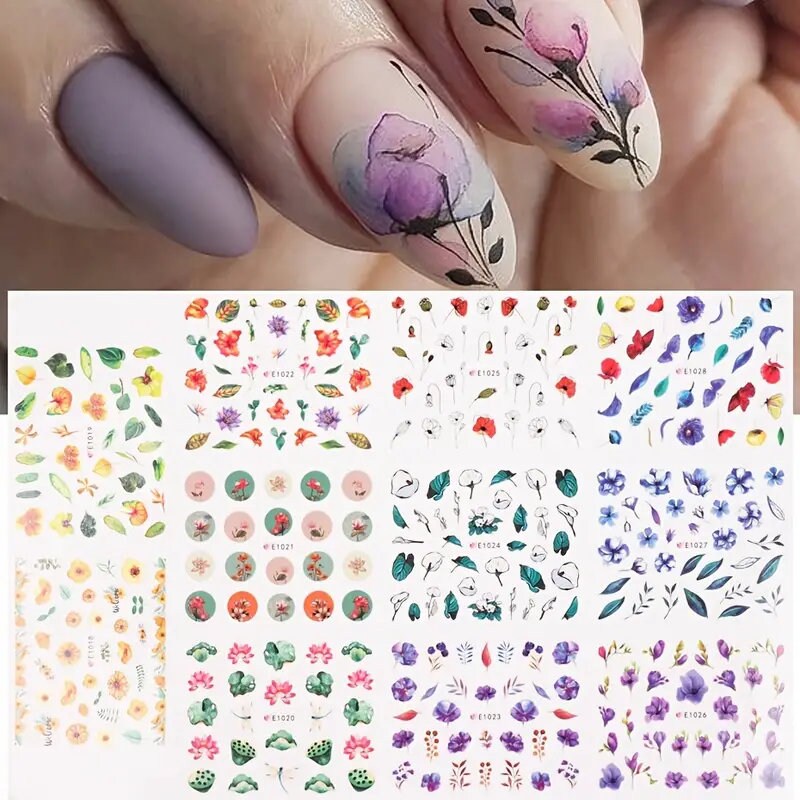 44 Pcs Flower 3D Nail Stickers Set Floral Leaves Flower Adhesive Decal 3D Stickers Slider Press On Nails Manicure Decorations E1007-1050