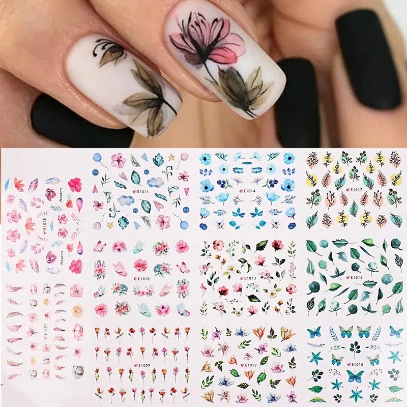 44 Pcs Flower 3D Nail Stickers Set Floral Leaves Flower Adhesive Decal 3D Stickers Slider Press On Nails Manicure Decorations E1007-1050