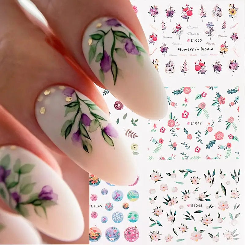 44 Pcs Flower 3D Nail Stickers Set Floral Leaves Flower Adhesive Decal 3D Stickers Slider Press On Nails Manicure Decorations E1007-1050