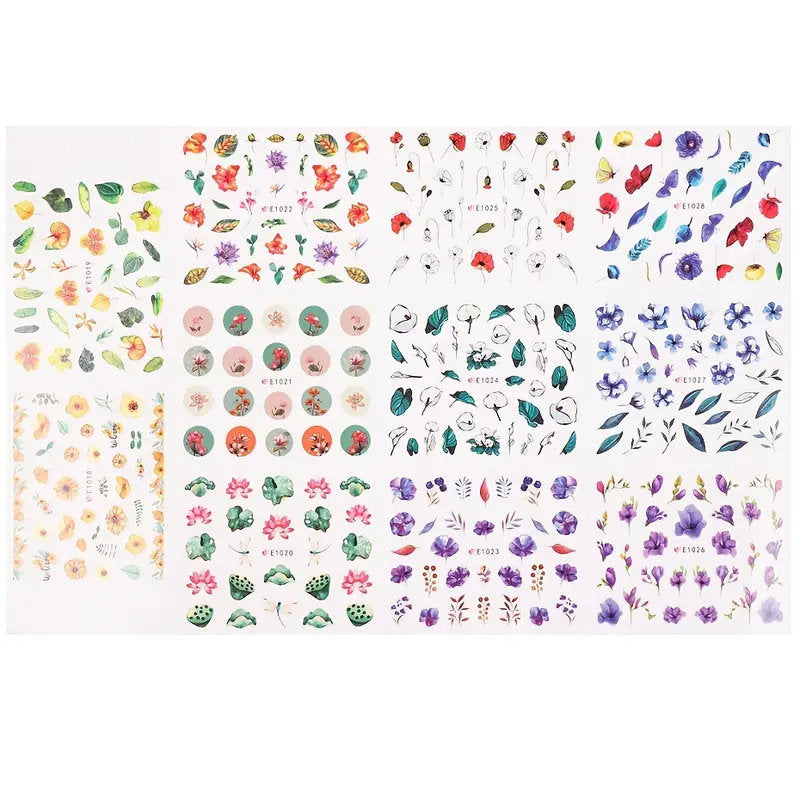 44 Pcs Flower 3D Nail Stickers Set Floral Leaves Flower Adhesive Decal 3D Stickers Slider Press On Nails Manicure Decorations E1007-1050